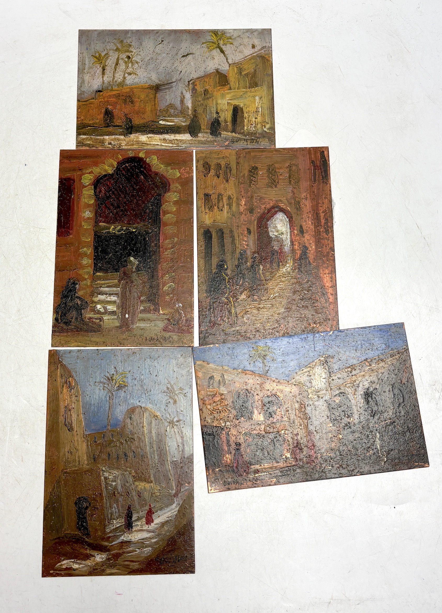 P. Buisson, set of five oils on copper panels, Middle Eastern landscapes with figures, each signed, each 15 x 9.5cm, unframed